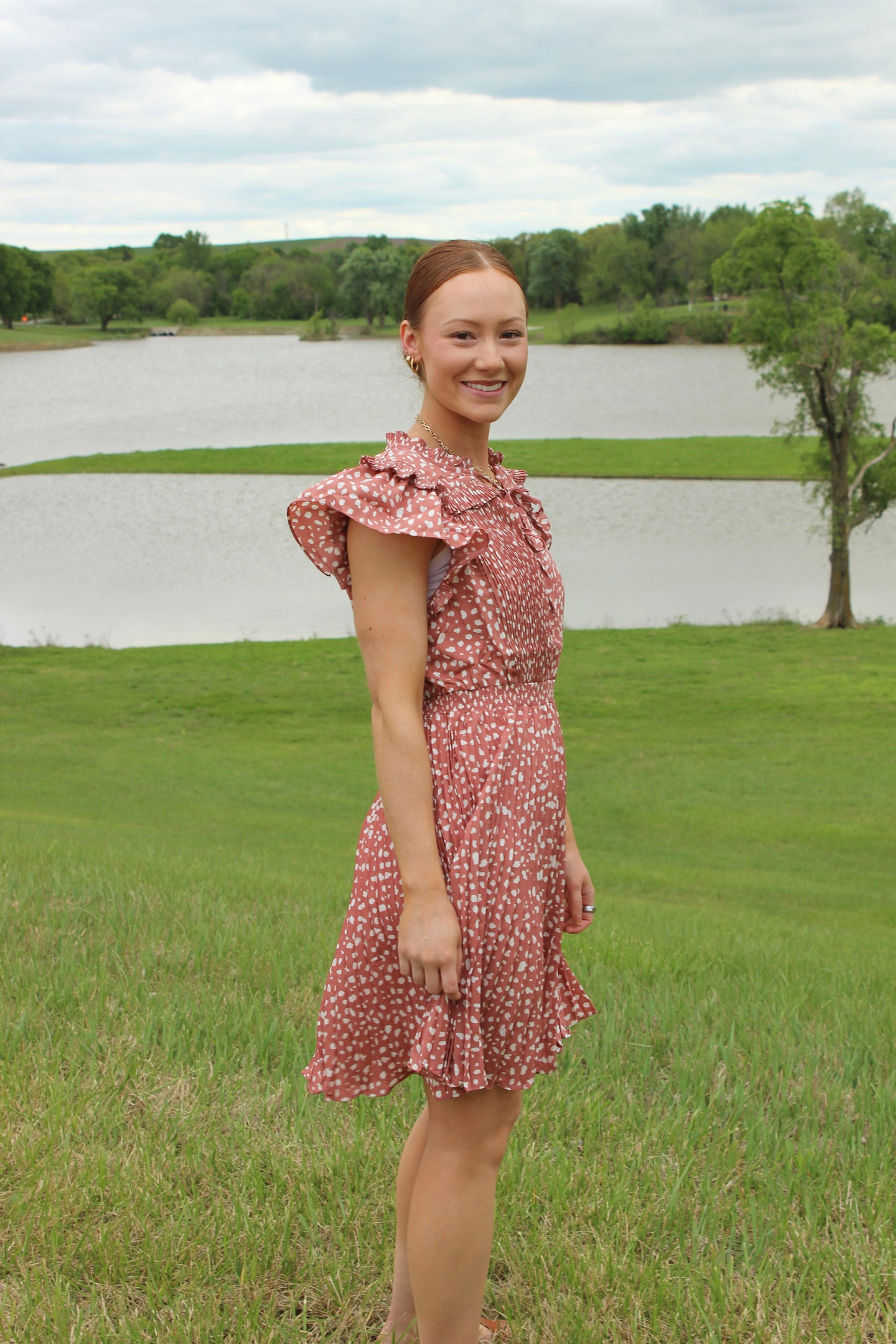 Pleated Rose Cream Dress Flutter Sleeve | Queen Bee Boutique