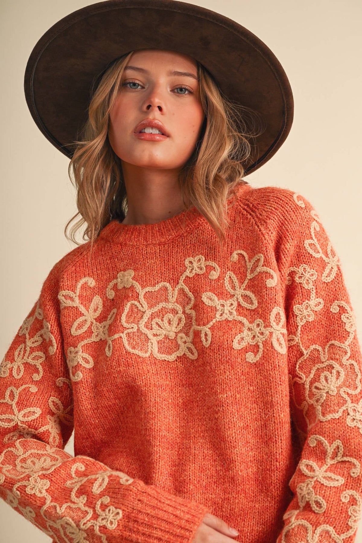 ORANGE KNIT FALL EMBROIDERY SWEATER | Queen Bee Boutique