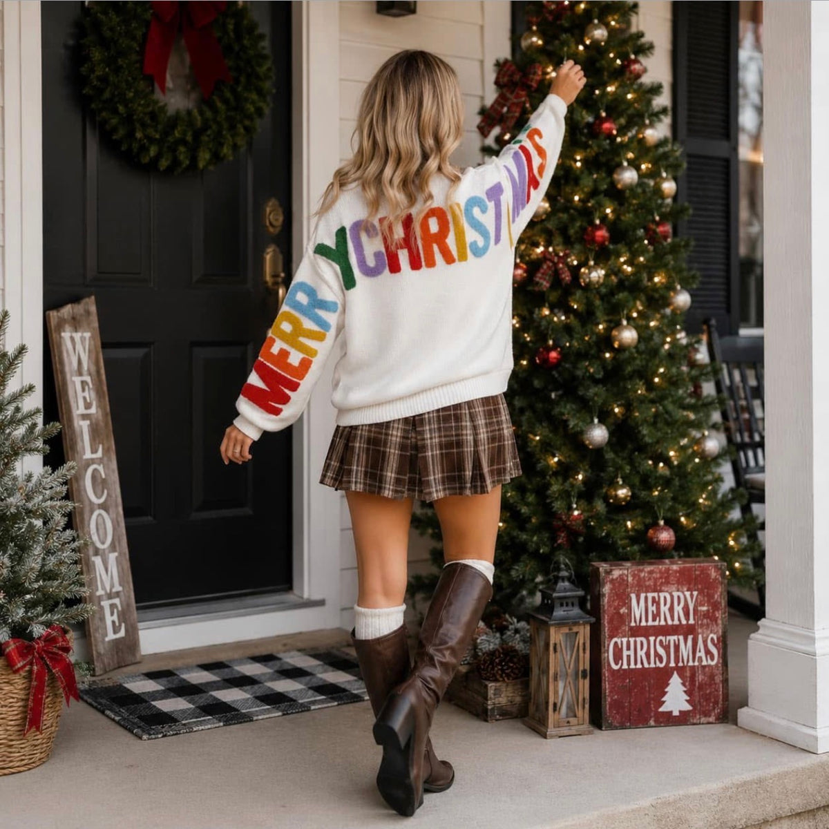 HO HO HO Chenille Patch Christmas Knit Top – Merry Christmas Sweater