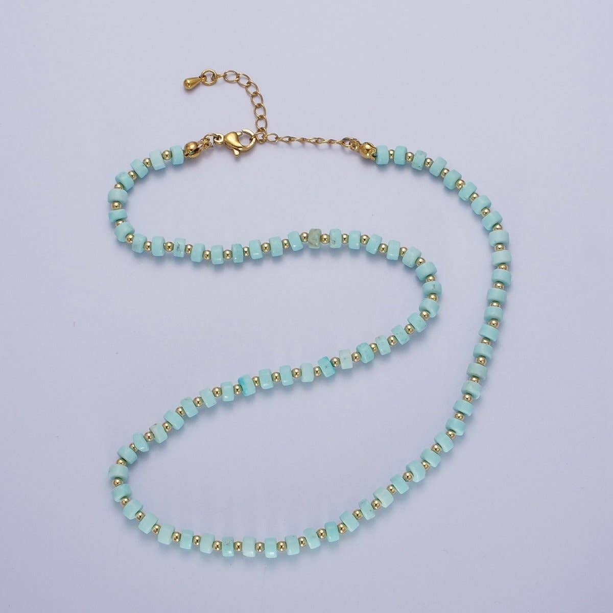 Gold Blue Turquoise Rondelle Heishi Gold Spacer Beads 16 Inch Choker Necklace | Queen Bee Boutique