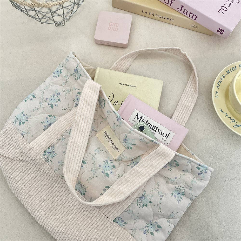 Floral Canvas Tote Bag Blue & Cream | Queen Bee Boutique