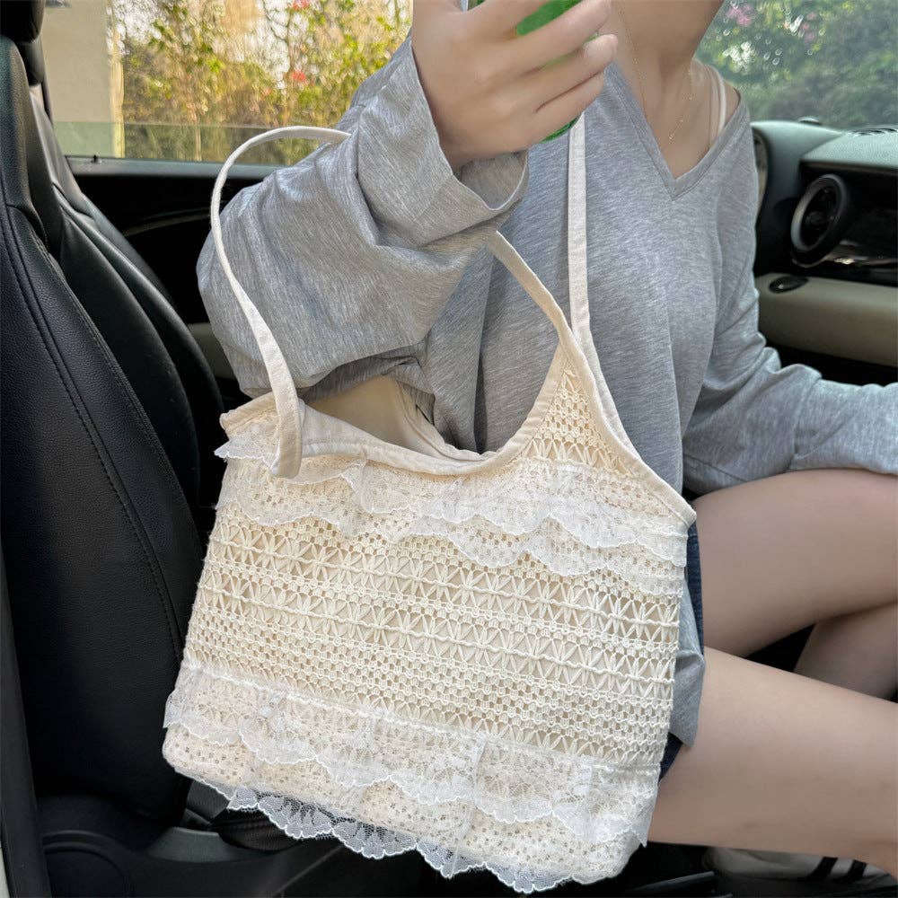 Lace Ruffle Crochet Shoulder Tote Bag | Queen Bee Boutique