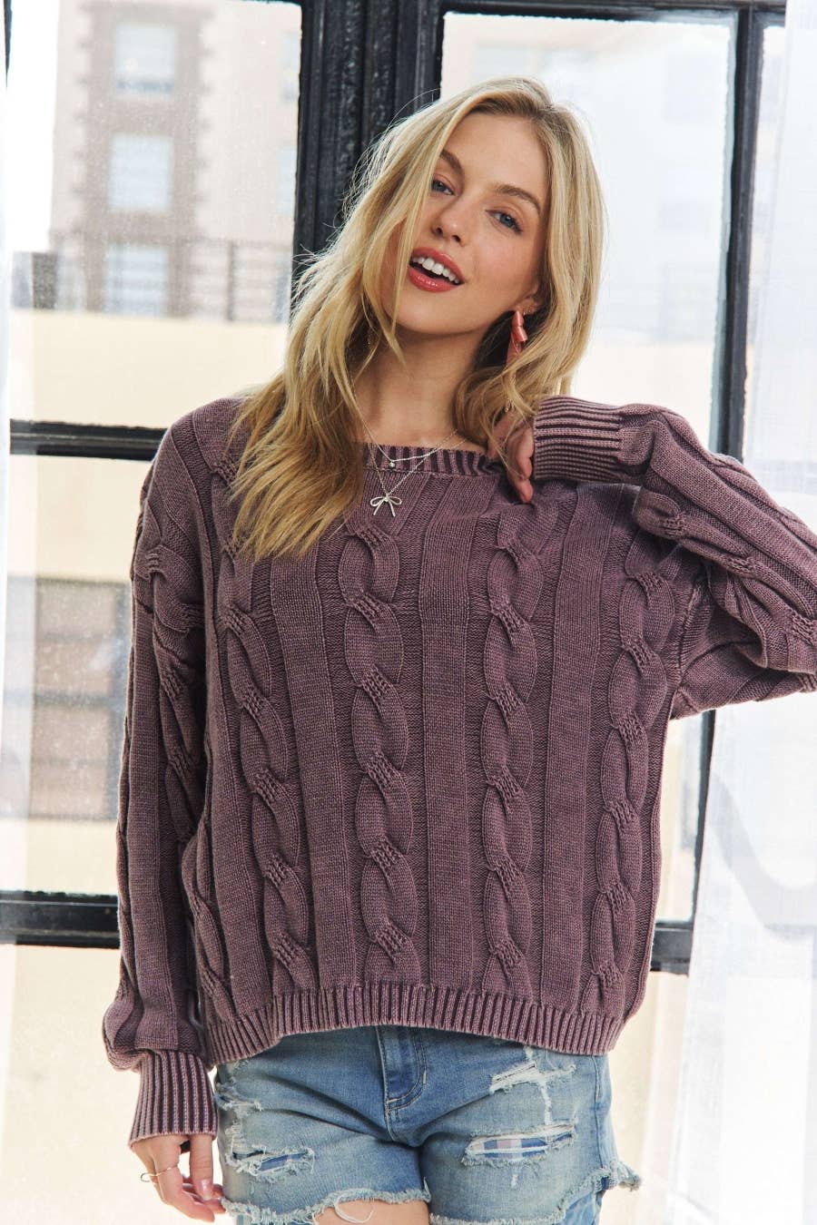 MINERAL WASHED PLUM CABLE KNIT SWEATER TOP