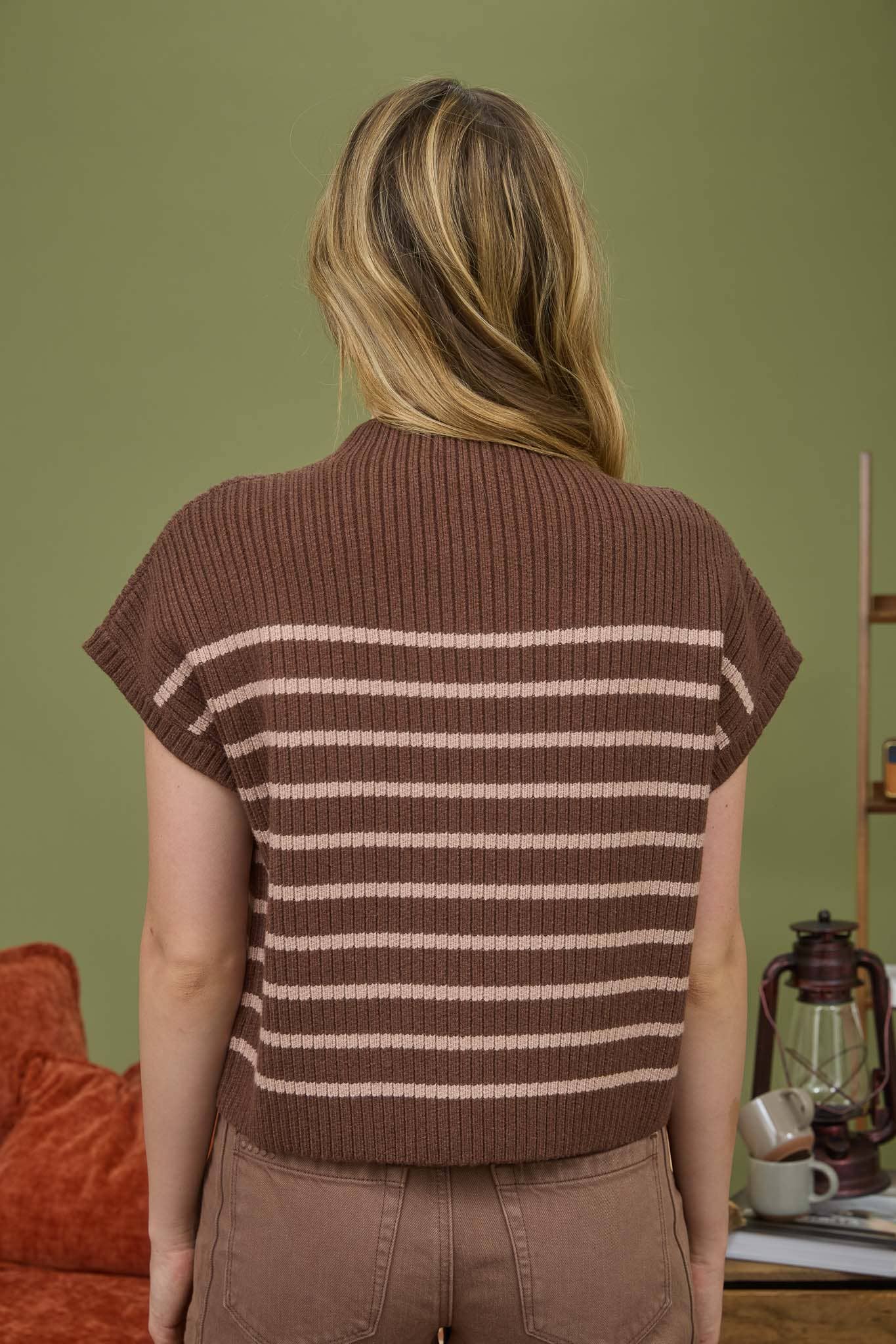 STRIPE MOCK NECK BROWN KNIT SWEATER | Queen Bee Boutique