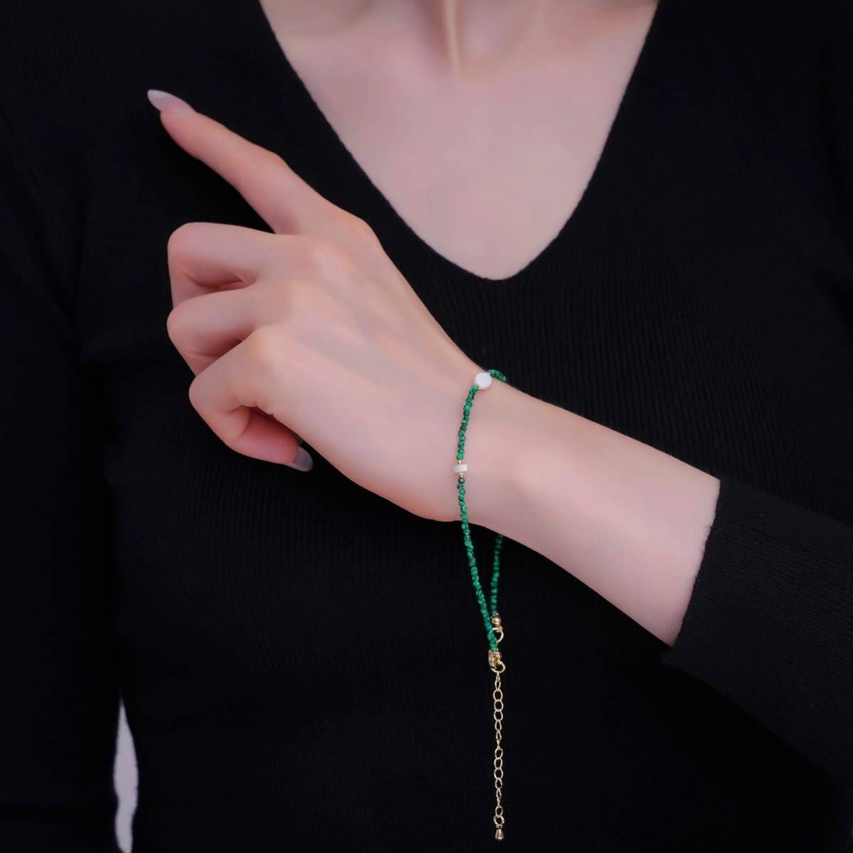24K Gold Filled 2mm Shell Pearl Malachite Multifaceted Gemstone 9 Inch Anklet Bracelet | WA-2946
