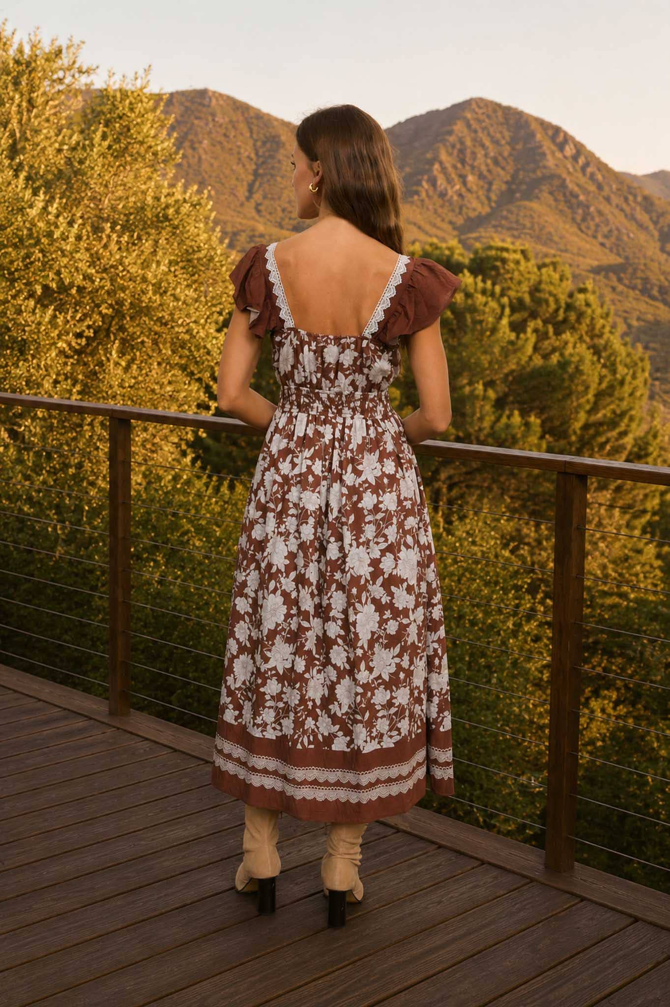 Floral Border Trim Smocked Midi Dress | Square Neckline & Ruffle Sleeve