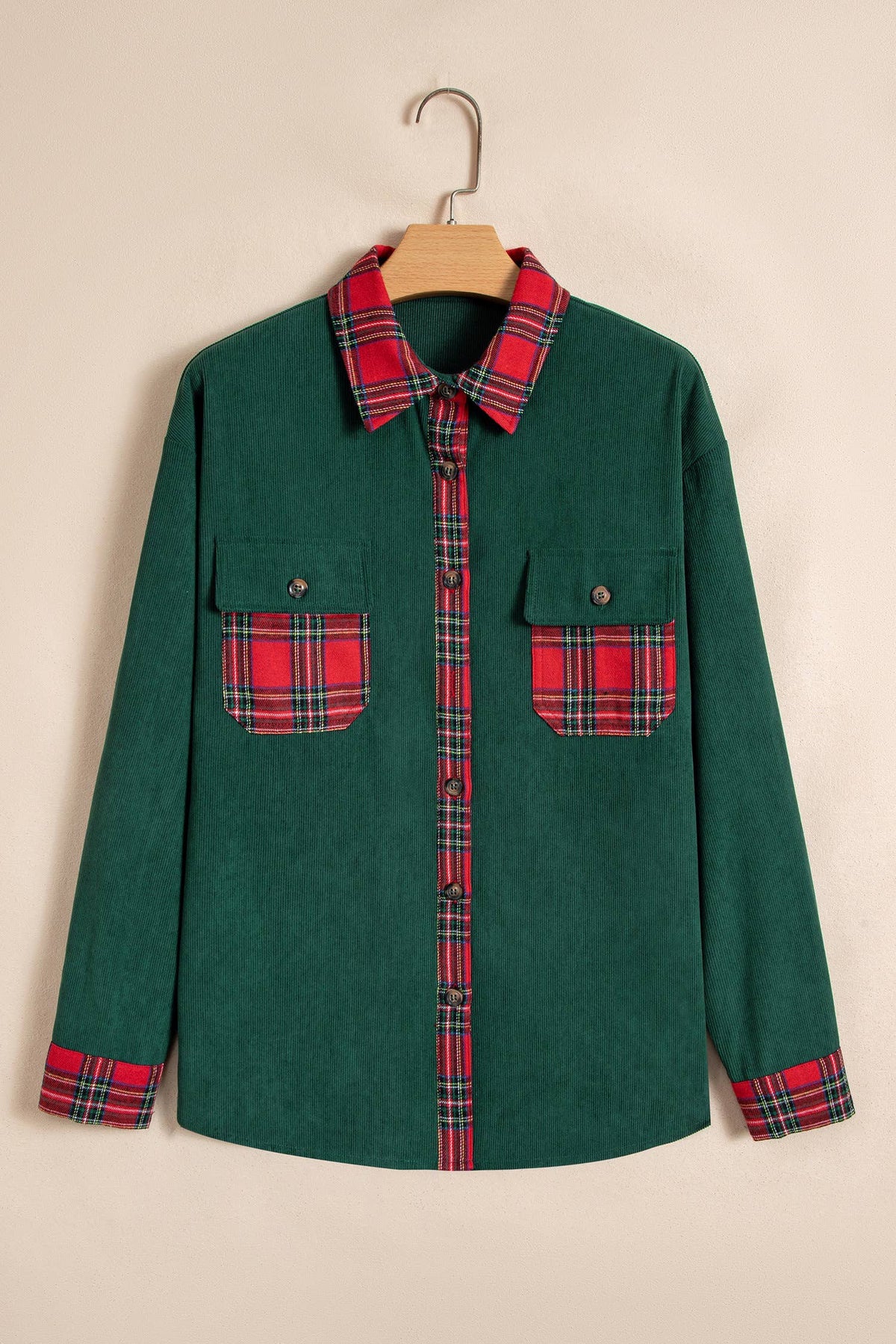 Green Red Plaid Pocket Button Long Sleeve Shacket | Queen Bee Boutique
