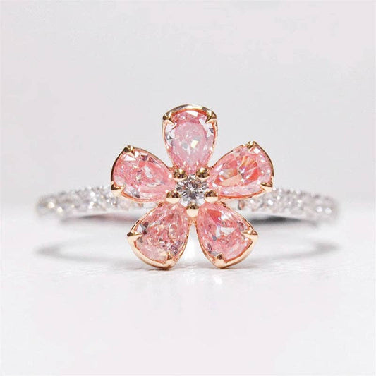 Pink Cherry Blossom Flower Band Ring in 925 Sterling Silver
