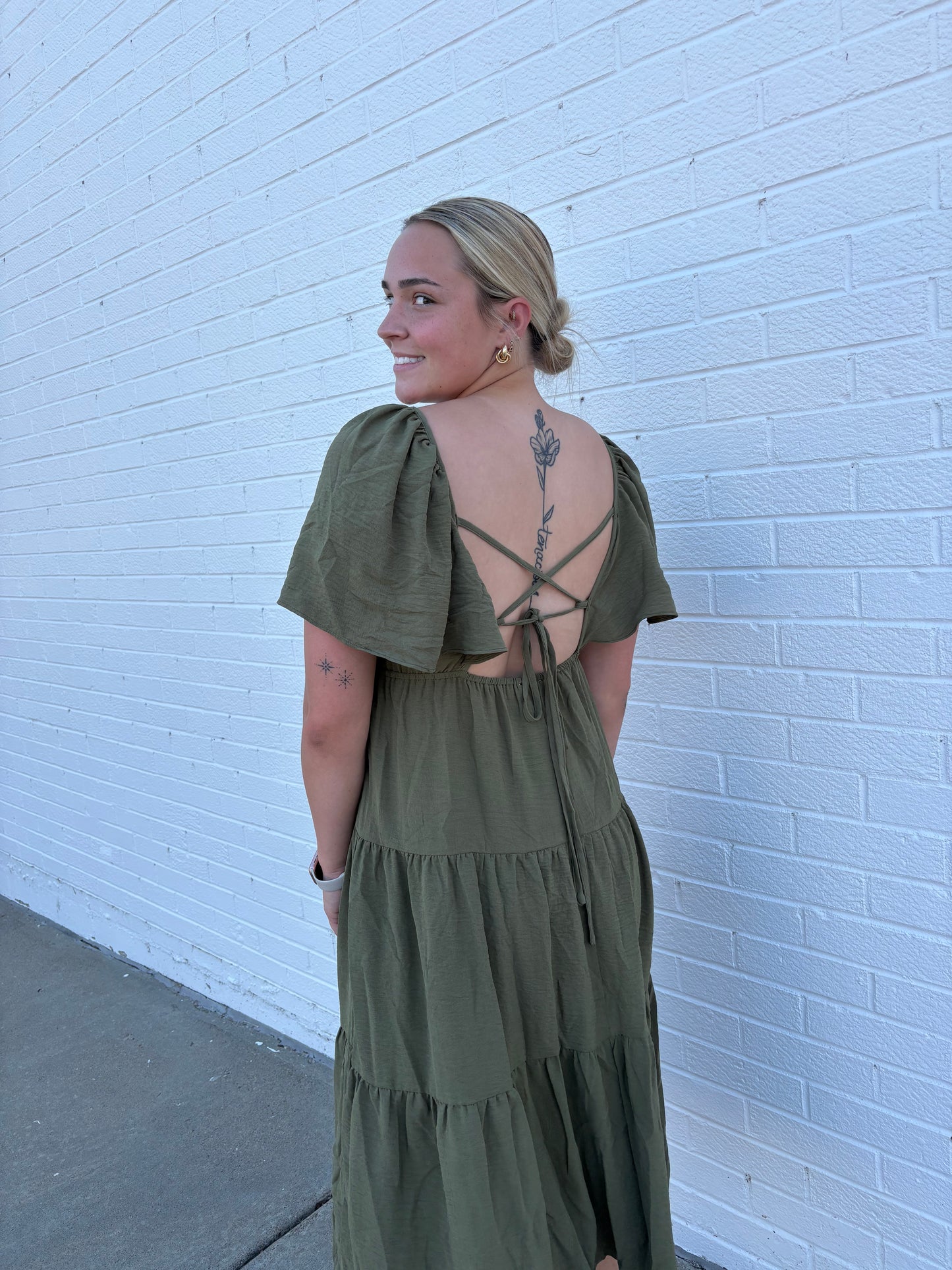 Olive Fall Tiered Midi Dress Flutter Sleeve | Queen Bee Boutique