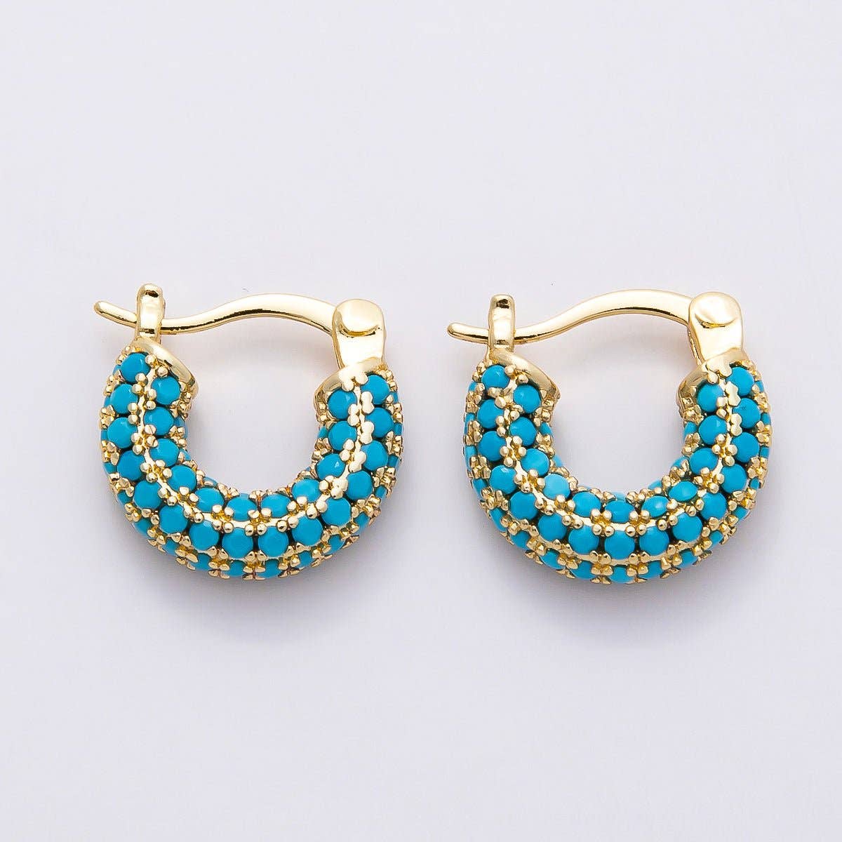 16K Gold Turquoise Micro Paved Latch Hoop Earrings | Queen Bee Boutique