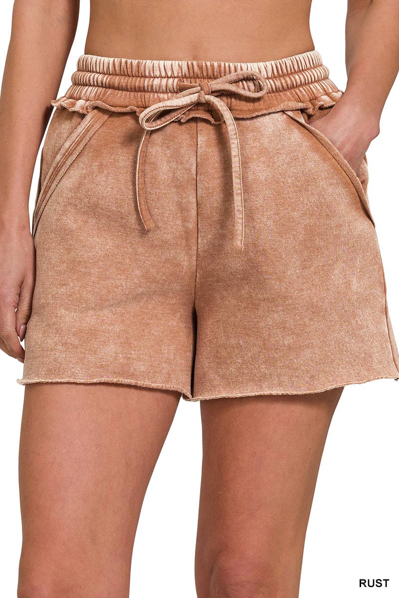 Acid Washed Fleece Shorts With Pockets