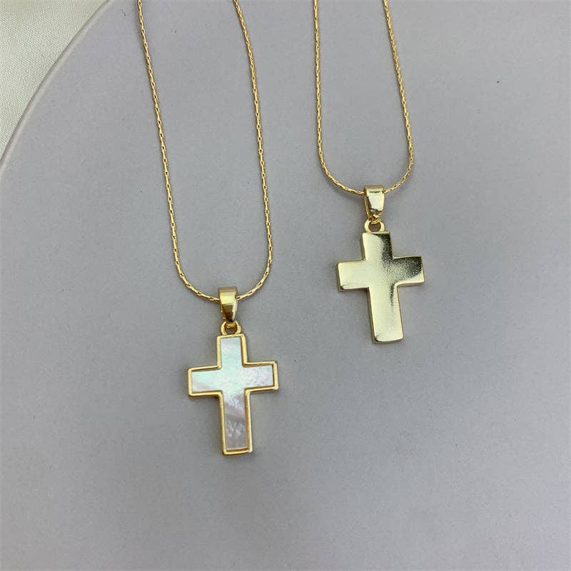 Gold Mother Of Pearl Cross Pendant Necklace