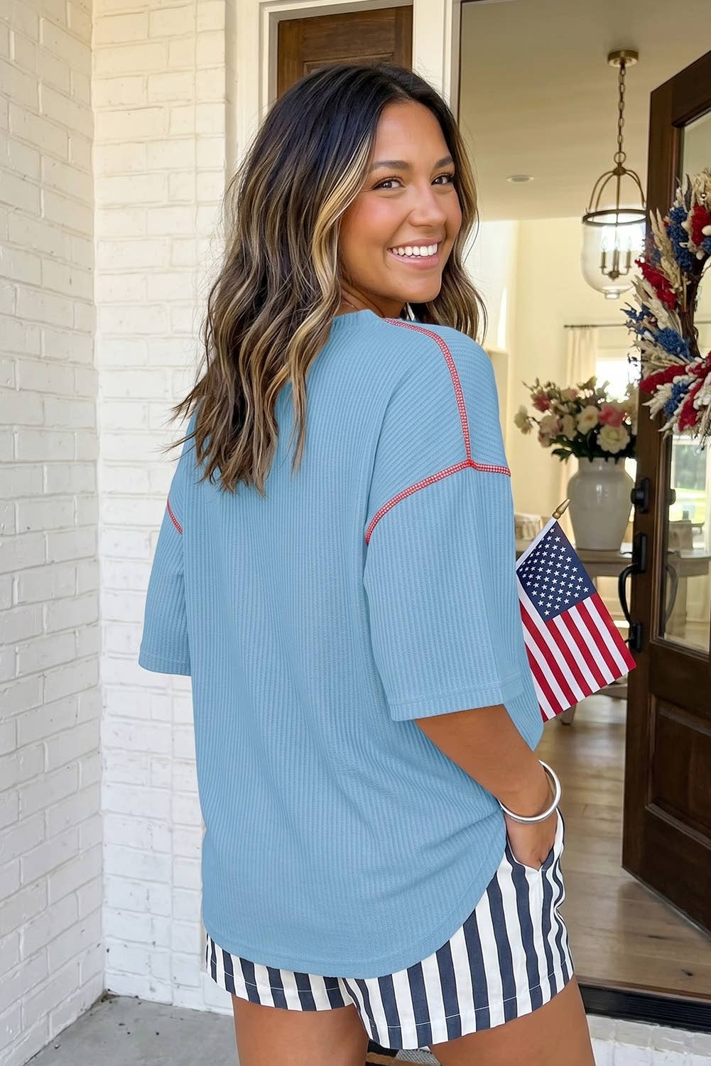 Blue USA Graphic Half Sleeve Loose Ribbed Top | Queen Bee Boutique