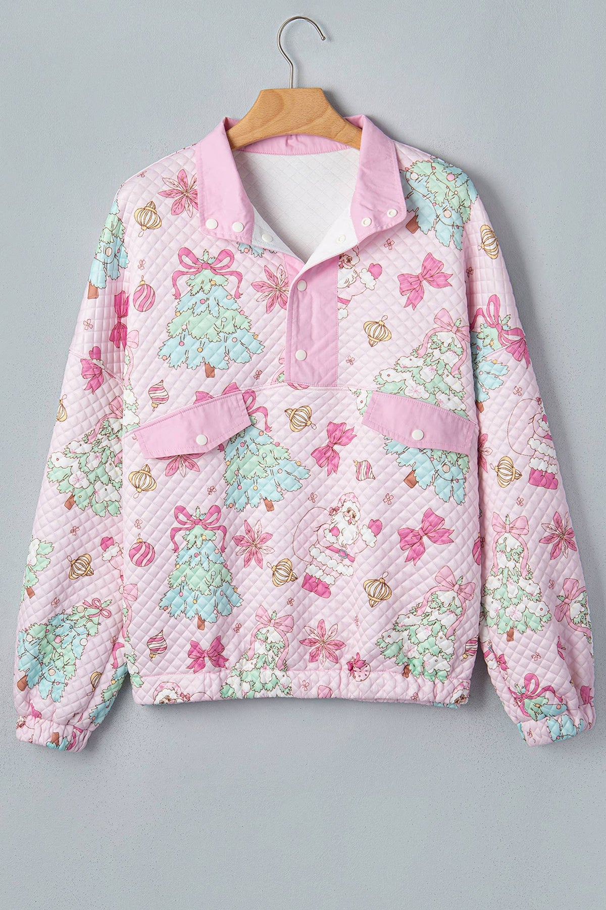 Pink Christmas Print Collar Half Button Sweatshirt | Queen Bee Boutique