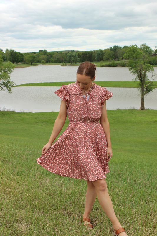 Pleated Rose Cream Dress Flutter Sleeve | Queen Bee Boutique