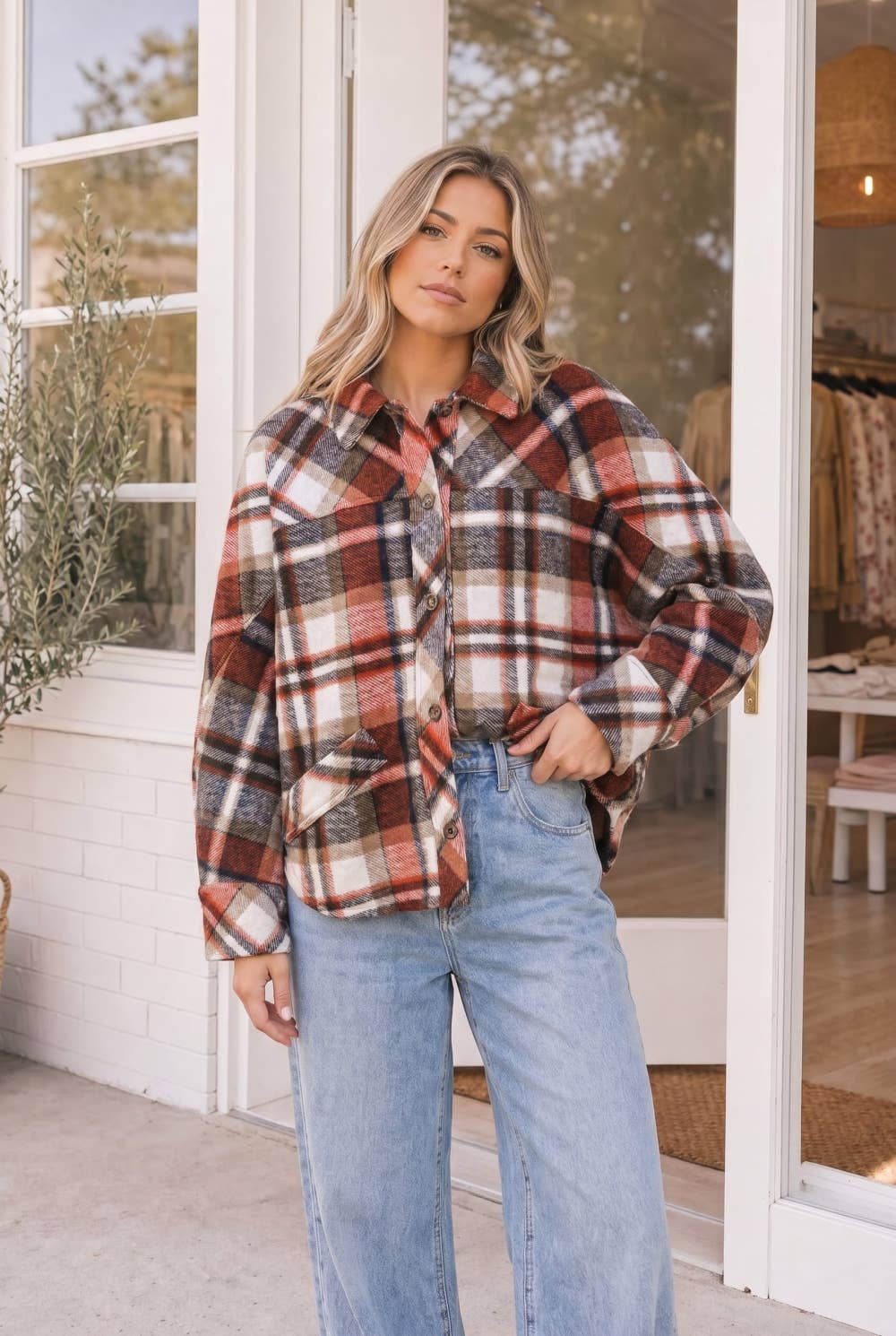 Plaid Collared Button Front Shacket Rust | Queen Bee Boutique
