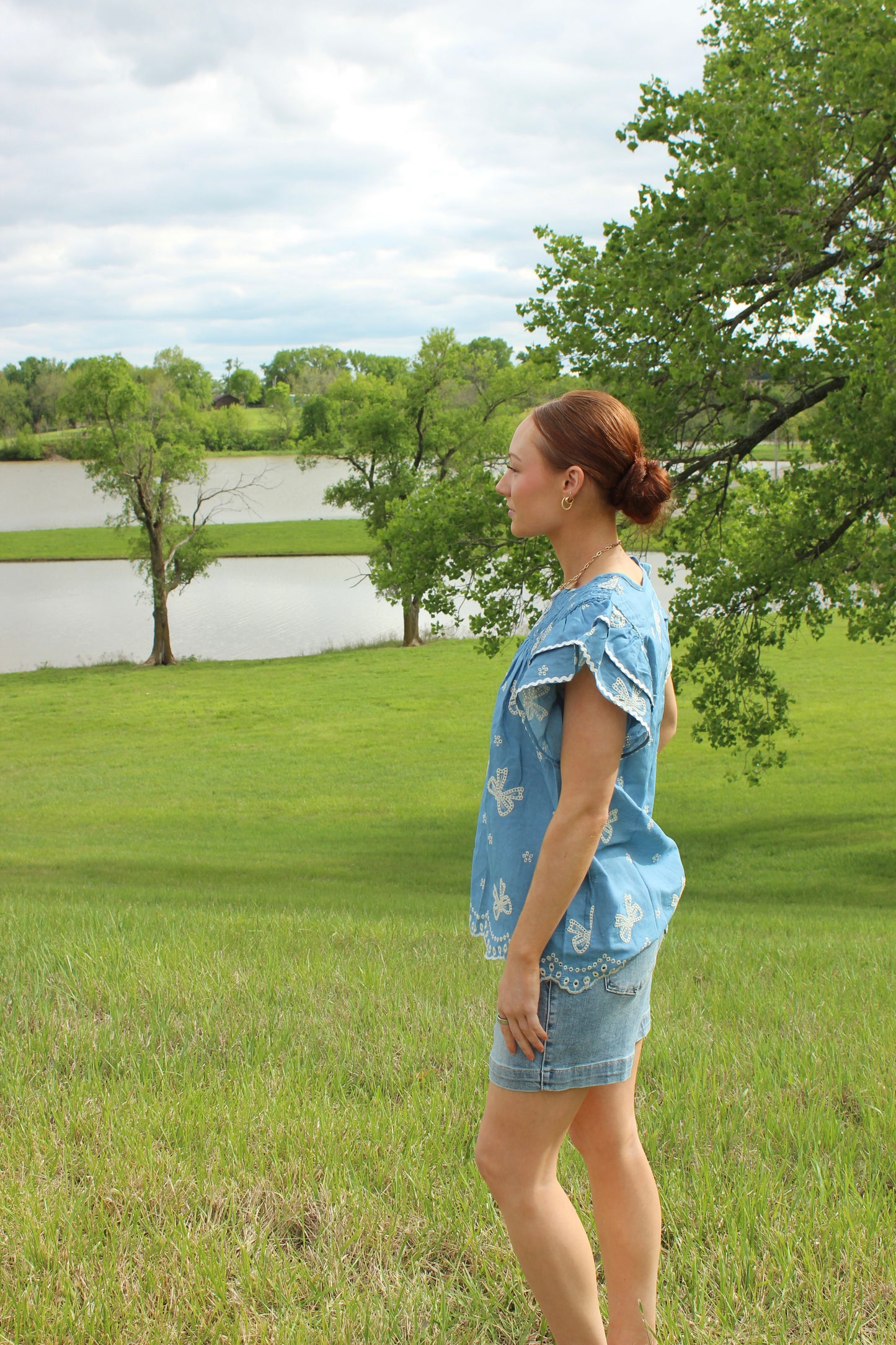 Denim Blue Bow Embroidery Top