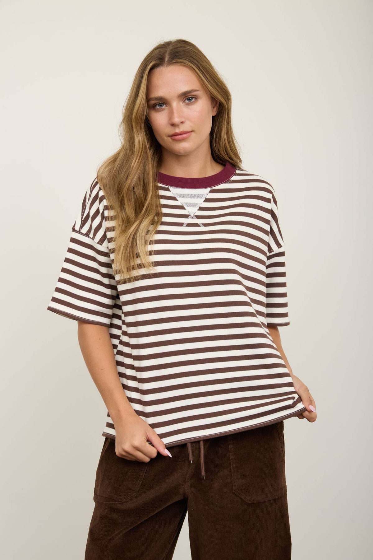 BROWN STRIPE COLOR BLOCK SHORT SLEEVE TOP | Queen Bee Boutique