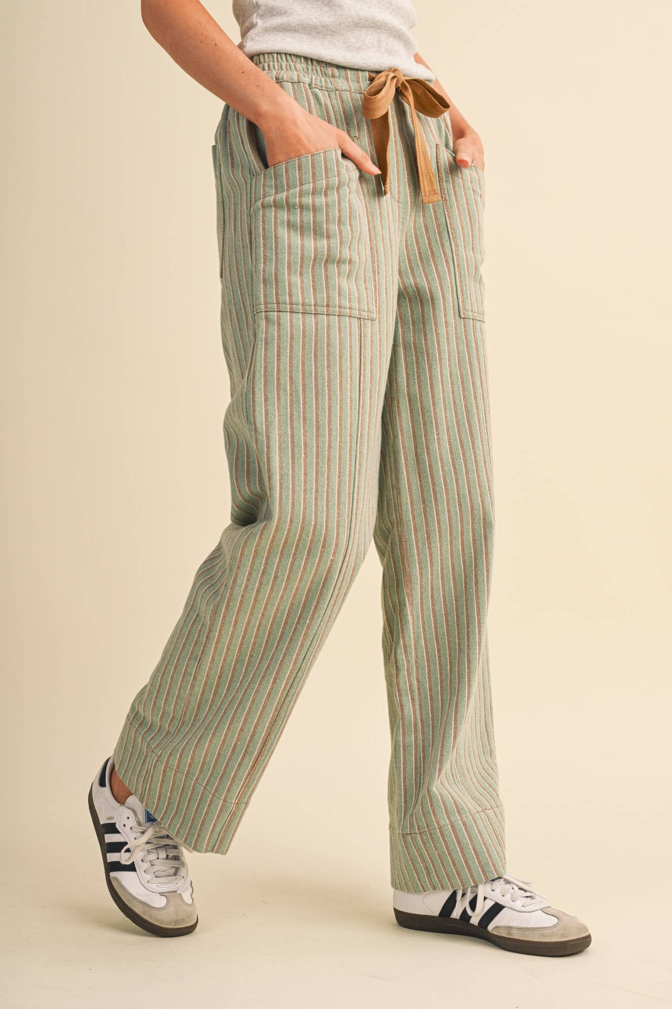 SAGE STRIPED WIDE LEG DRAWSTRING PANTS | Queen Bee Boutique