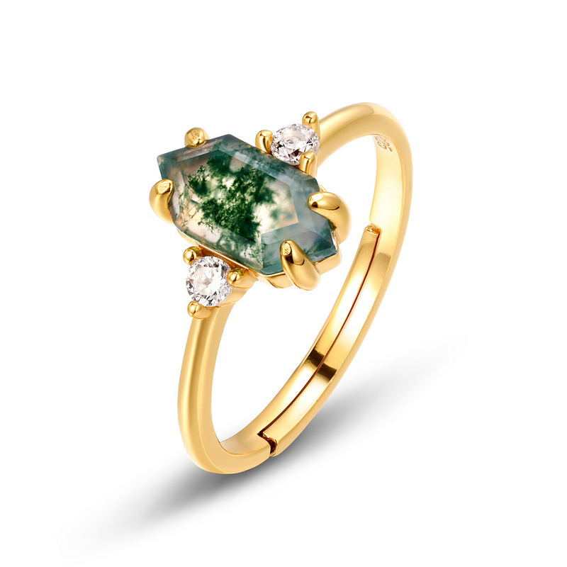 Hexagon Cut Moss Agate Cocktail Ring in 925 Sterling Silver