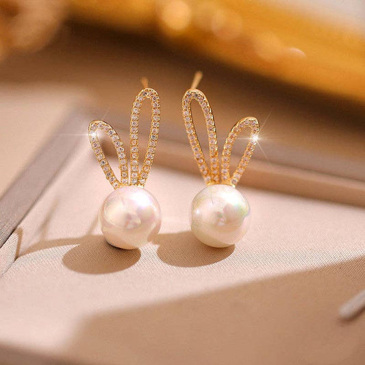 Dainty Cute Bunny Rabbit Pearl Stud Earrings