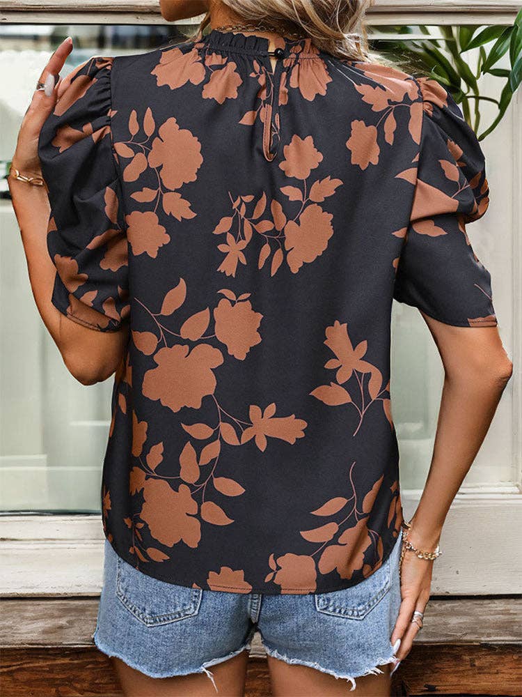 Black Tan Floral Print Puff Sleeve Blouse Chic Classic | Queen Bee Boutique