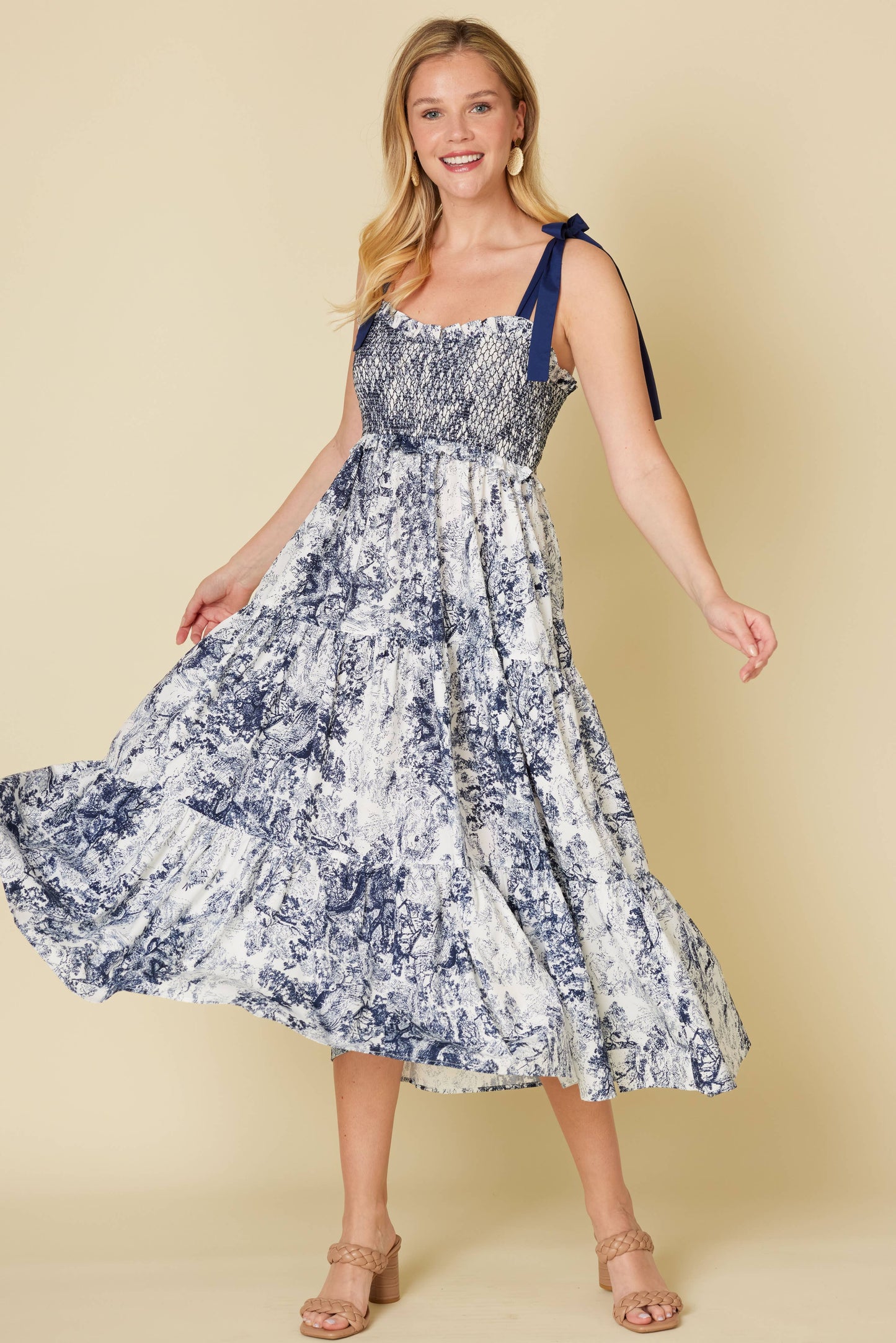 Blue White Pattered Midi Dress Tie Shoulders