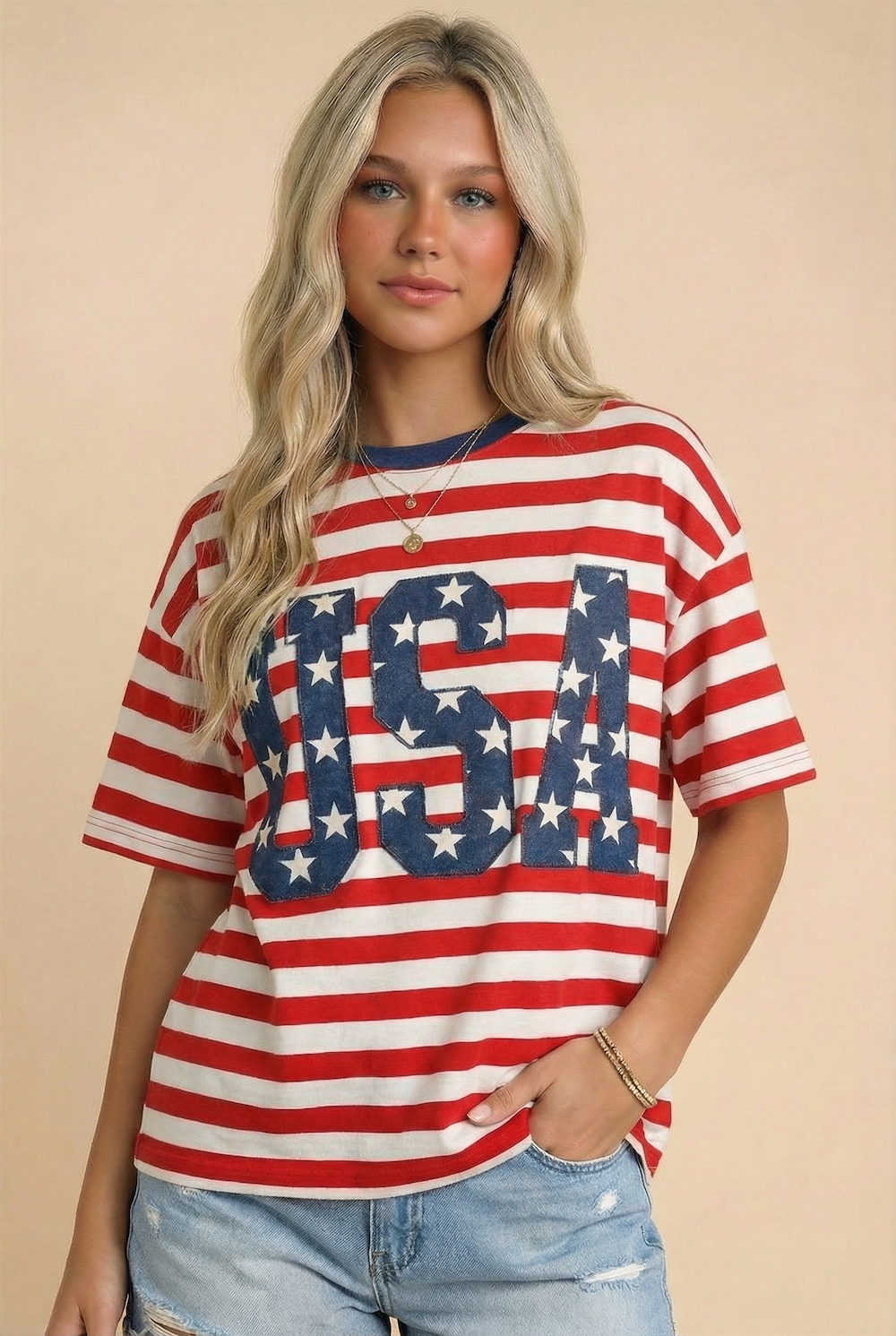 Current: USA 250th Anniversary Commemorative Oversized STRIPE Tee Optimized: USA 250th Anniversary Commemorative Oversized Striped Shirt – Patriotic Patch Lettering Top