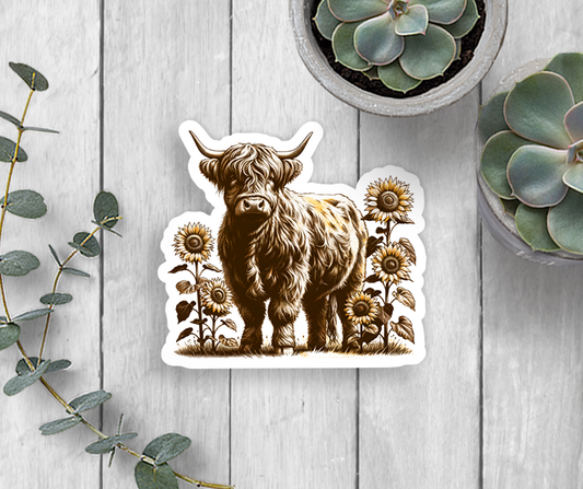 Highland Cow Sunflowers Vinyl Sticker