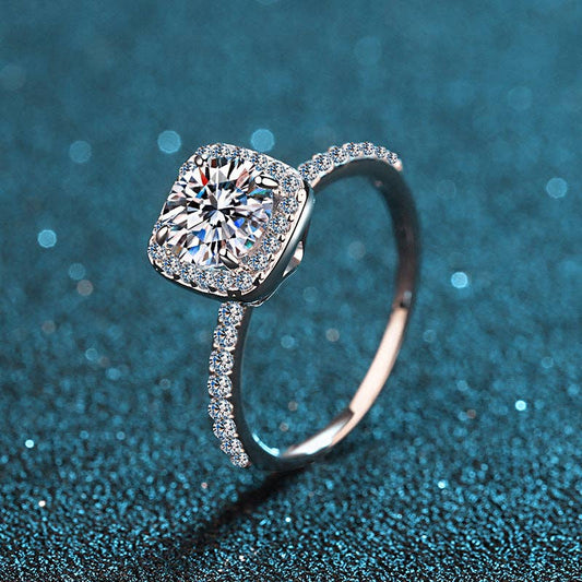 Four-Prong Round Cut Moissanite Square Halo Engagement Ring in 925 Sterling Silver