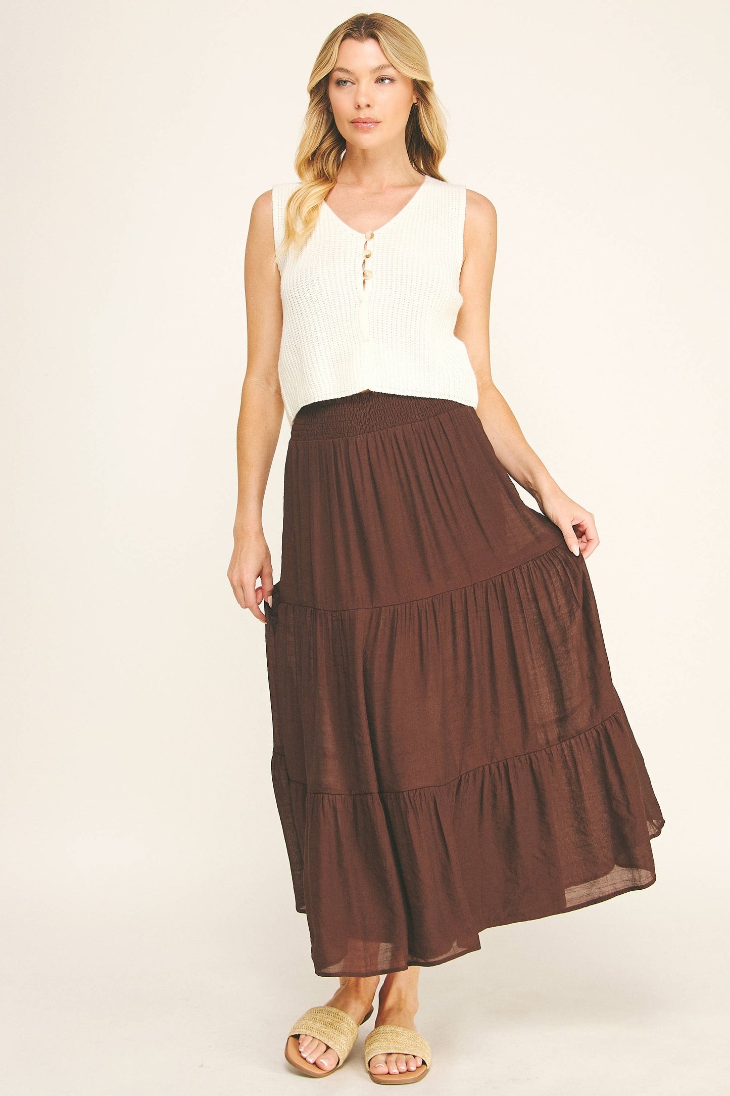 SMOCKED WAIST TIERED MAXI SKIRT | Queen Bee Boutique
