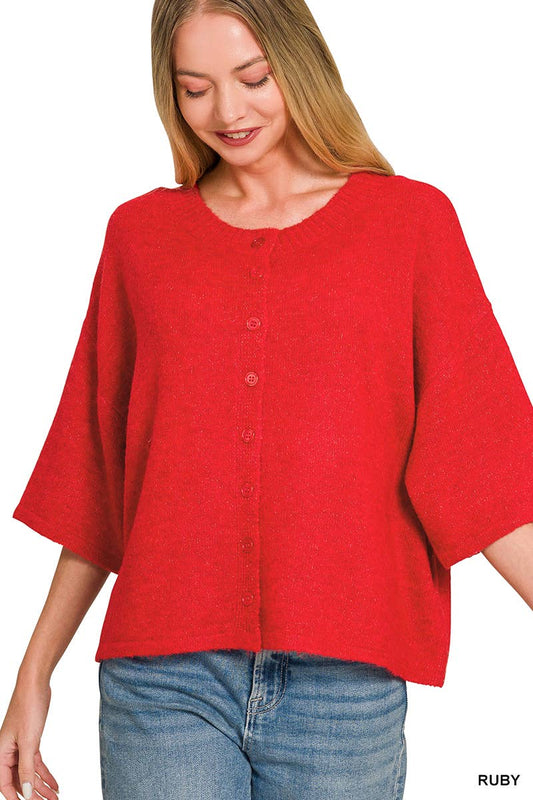 Wool Blend Short Sleeve Cardigan Sweater Red