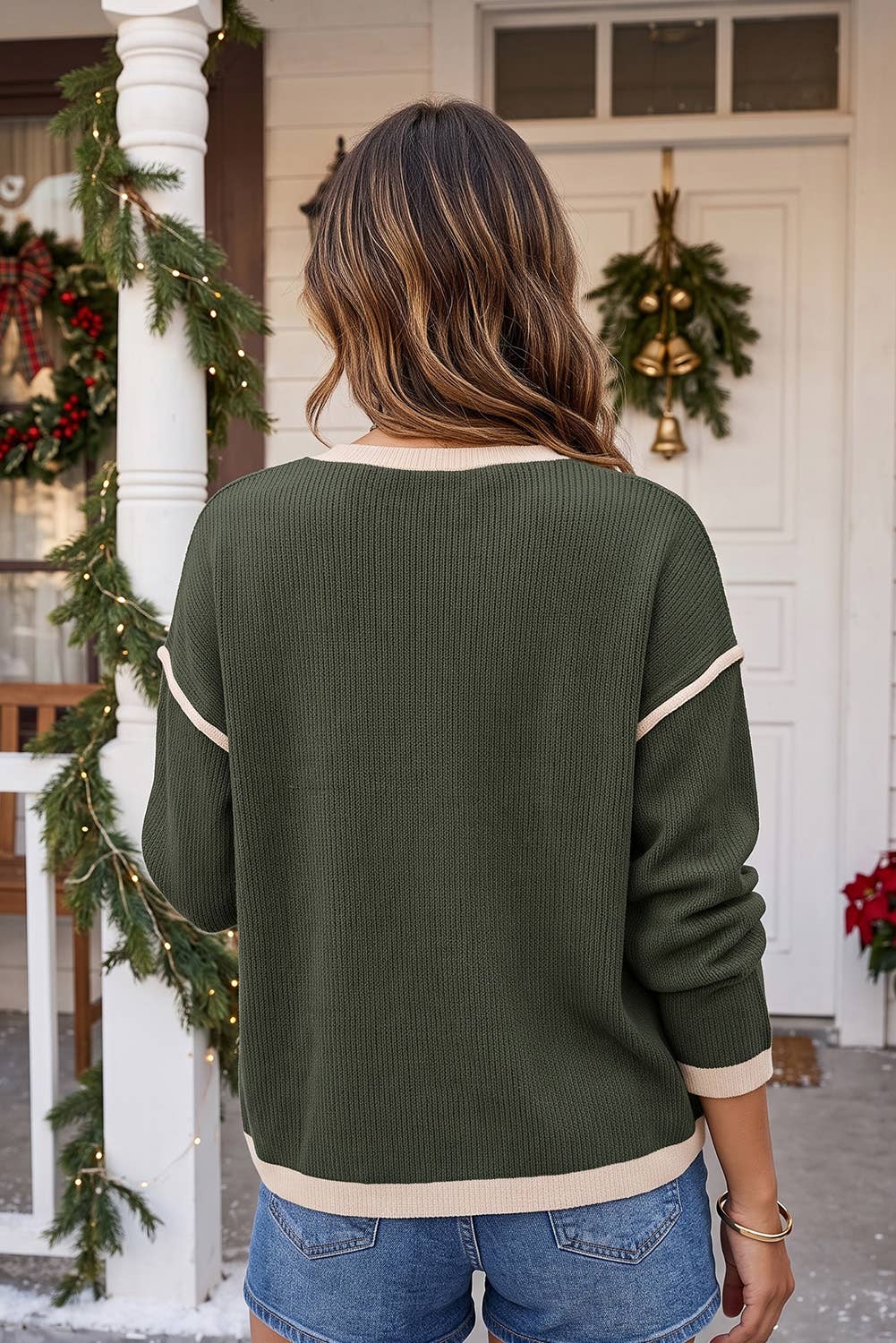 Green Merry Christmas Contrast Trim Knit | Queen Bee Boutique