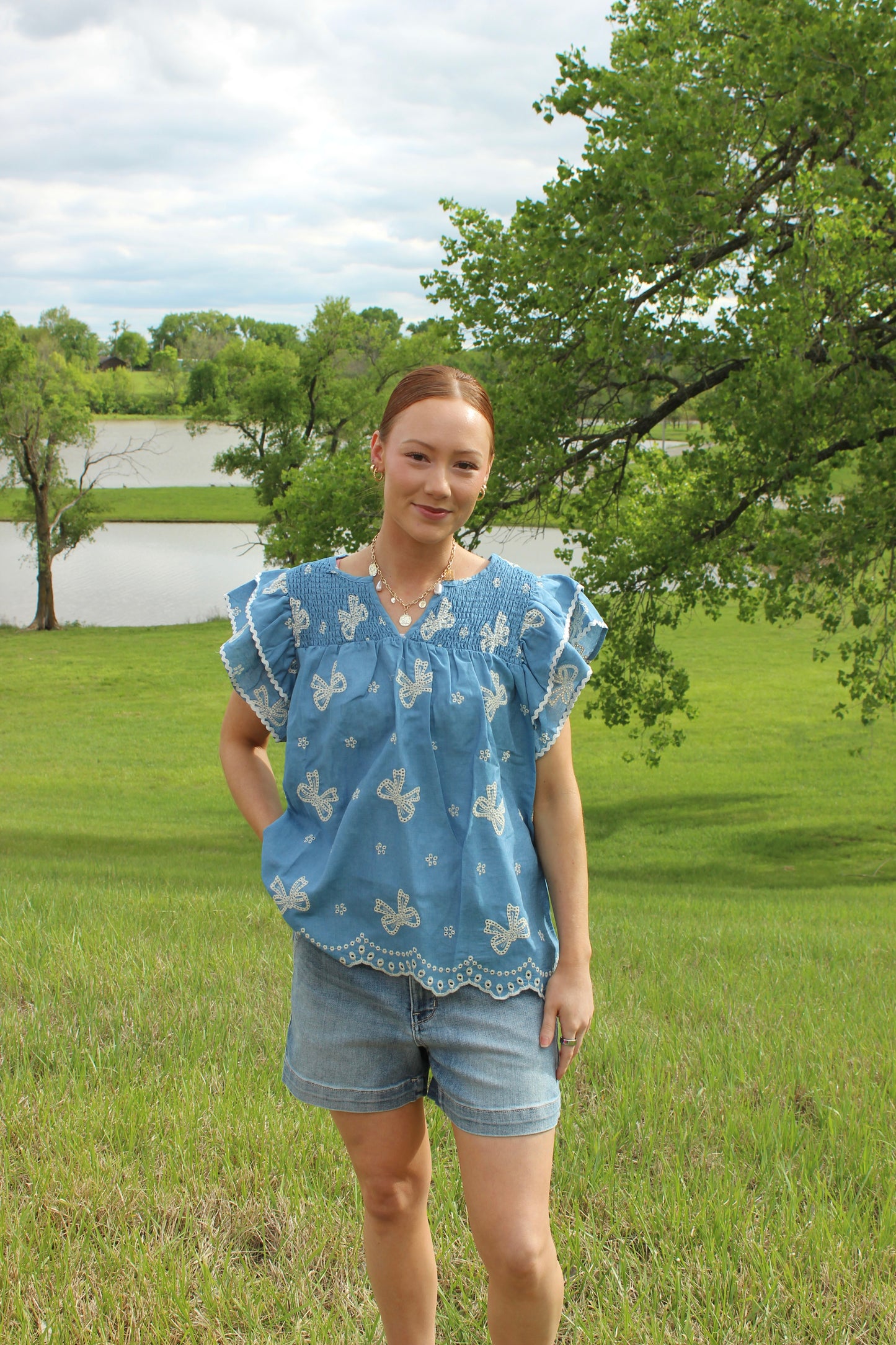 Denim Blue Bow Embroidery Top