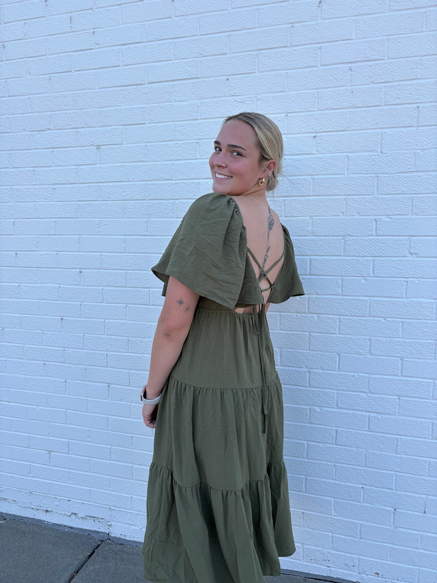 Olive Fall Tiered Midi Dress Flutter Sleeve | Queen Bee Boutique