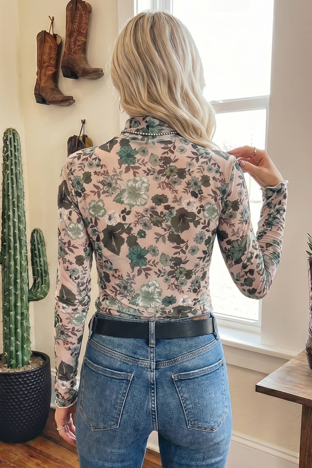 Floral Fall Print Mesh Top Western