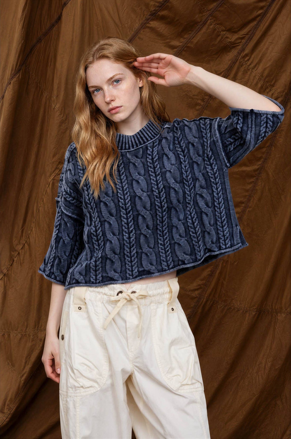 Washed Cable Knit Cropped Turtleneck Sweater | Boutique Apparel