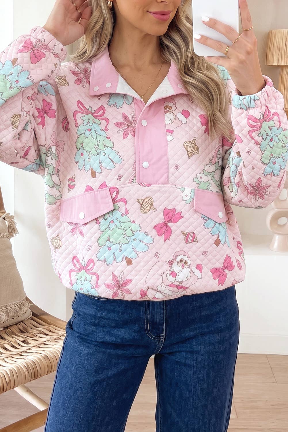 Pink Christmas Print Collar Half Button Sweatshirt | Queen Bee Boutique