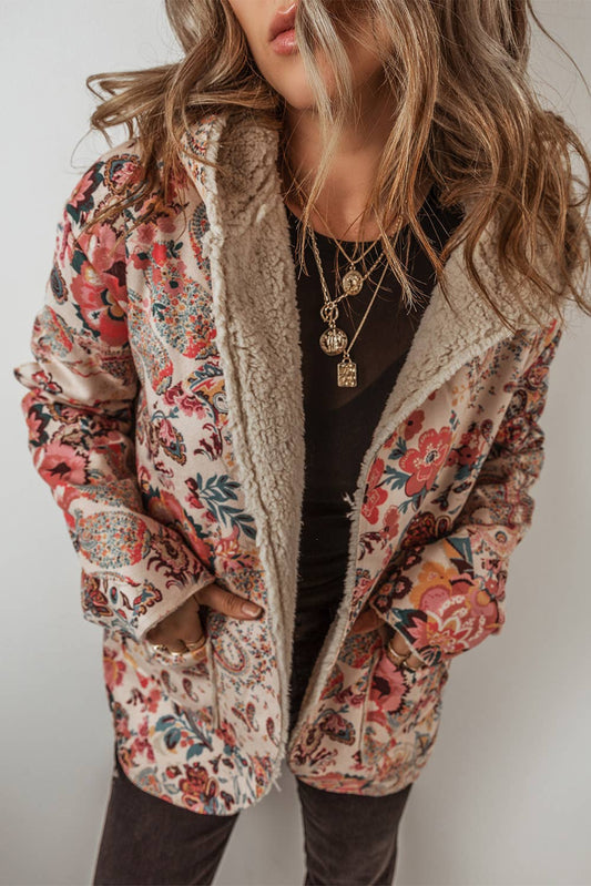 Paisley Floral Print Sherpa Lined Hooded Jacket | Queen Bee Customs Boutique