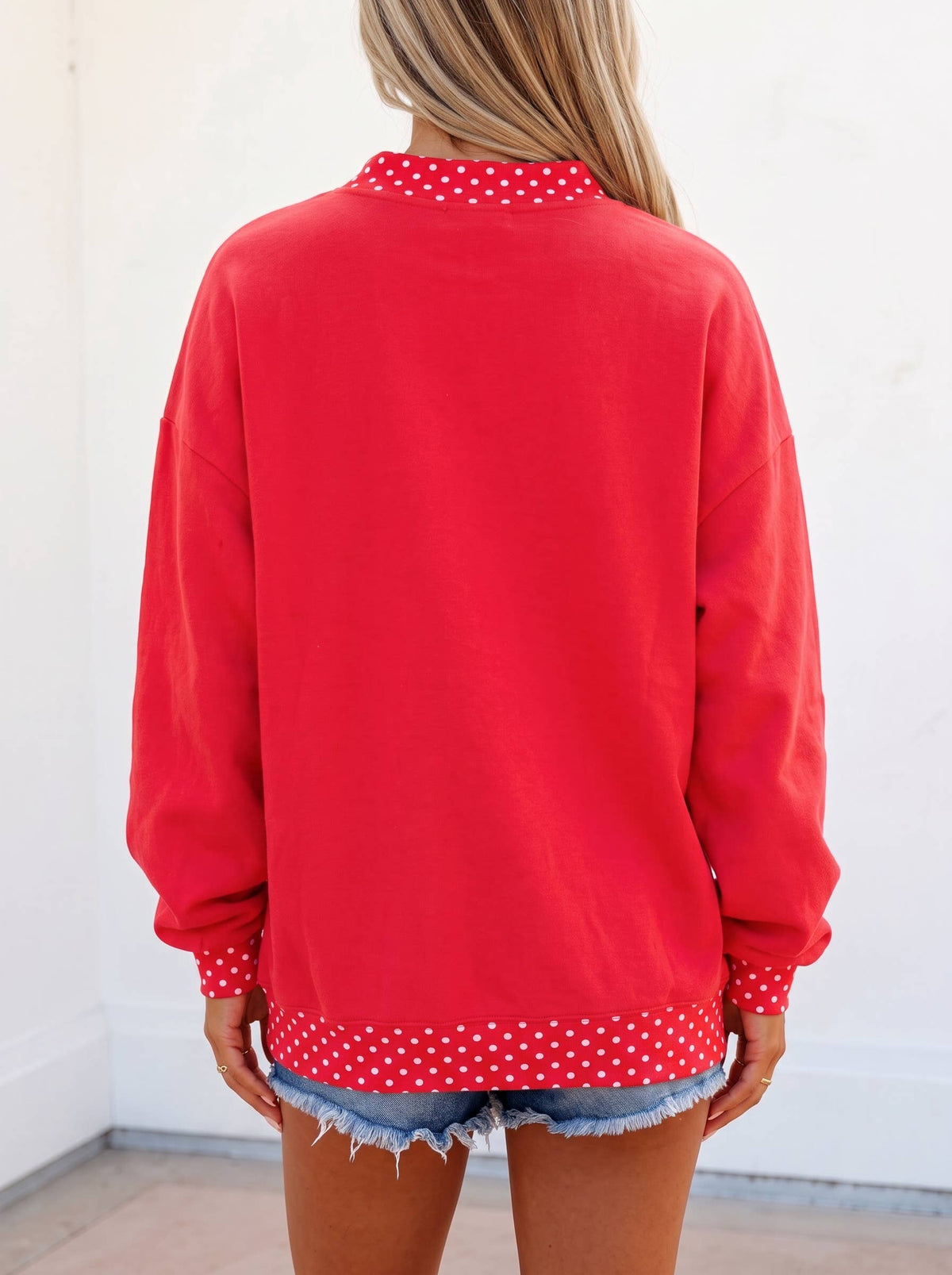Red Polka Dot Game Day Graphic Pullover Mock Neck Sweatshirt