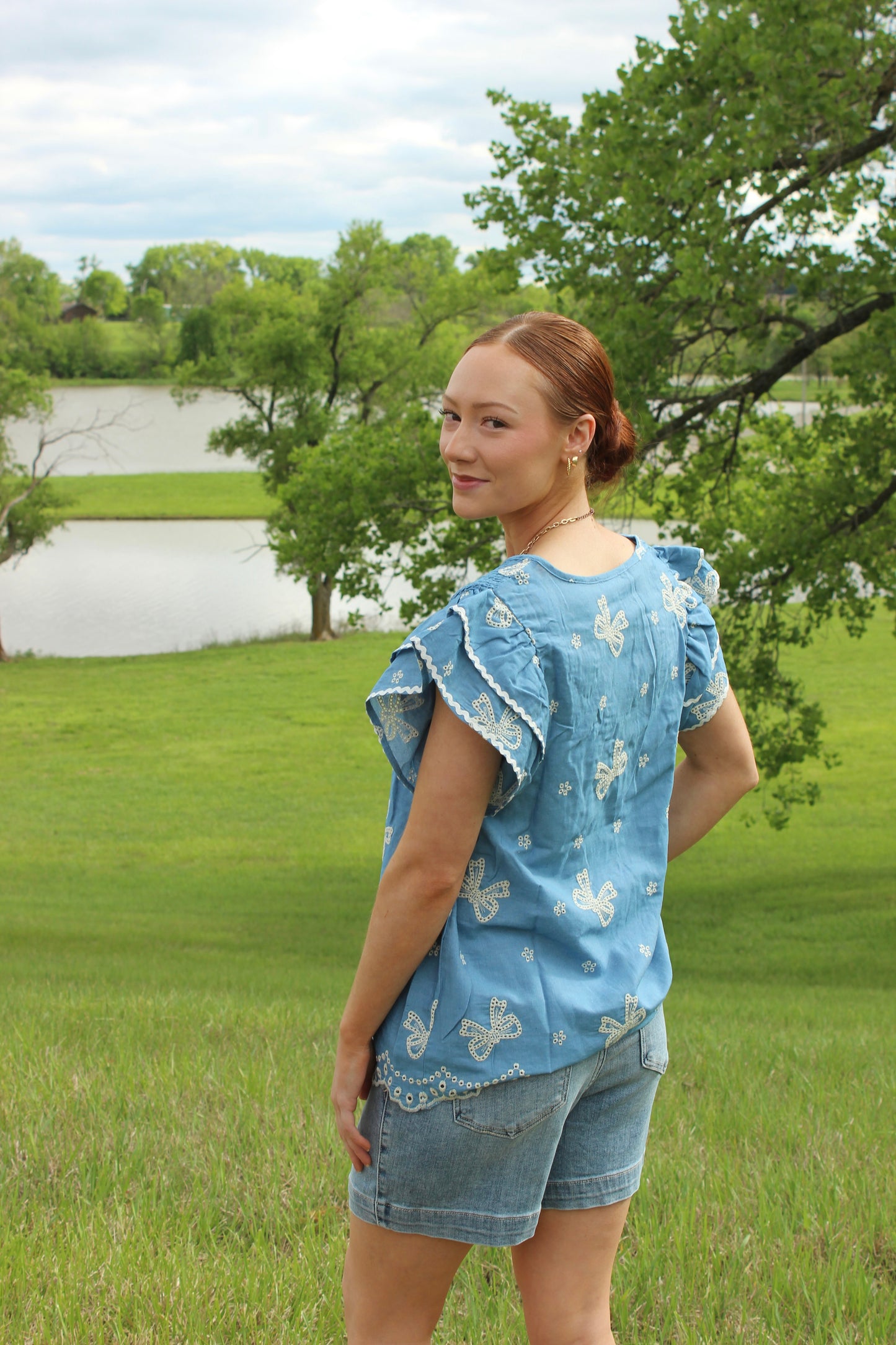 Denim Blue Bow Embroidery Top