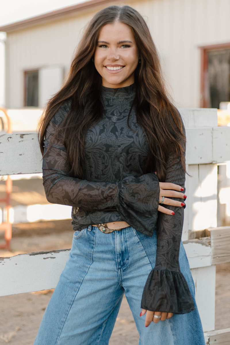 Tooled In Black Mesh Top Bell Sleeves | Queen Bee Boutique