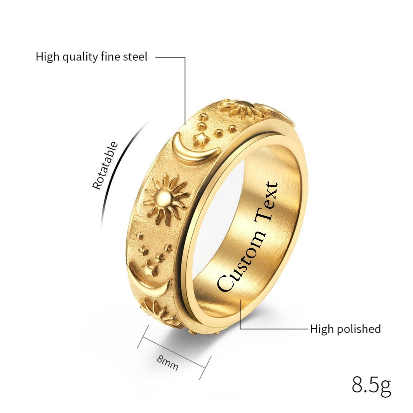 Sun Moon Star Fidget Spinner Band Ring in Stainless Steel