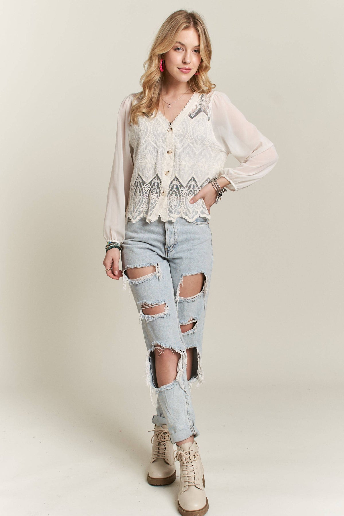 BUTTON DOWN EMBROIDERED WOVEN BOHO BLOUSE | Queen Bee Boutique
