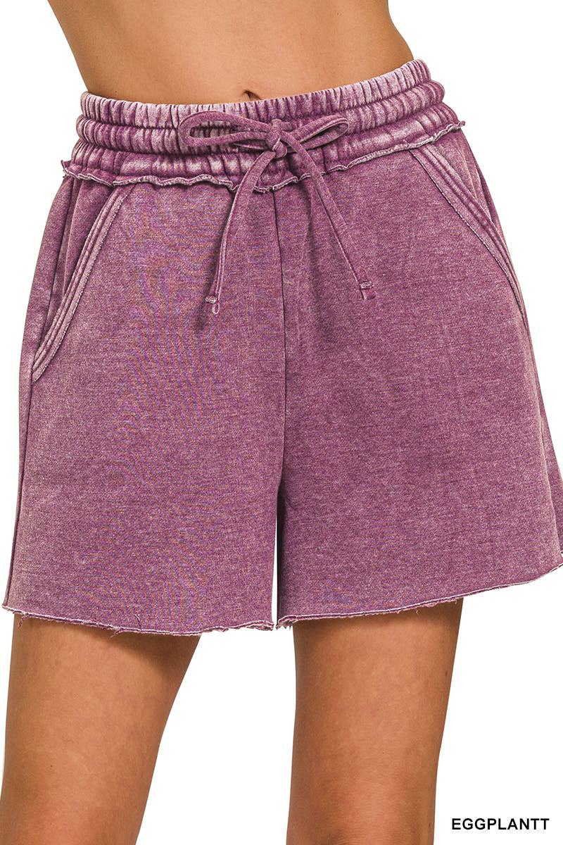 Acid Washed Fleece Shorts With Pockets