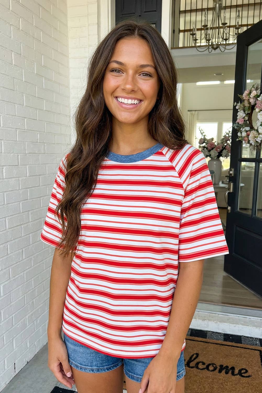 Striped Raglan Sleeve Contrast Neck T-Shirt | Queen Bee Boutique