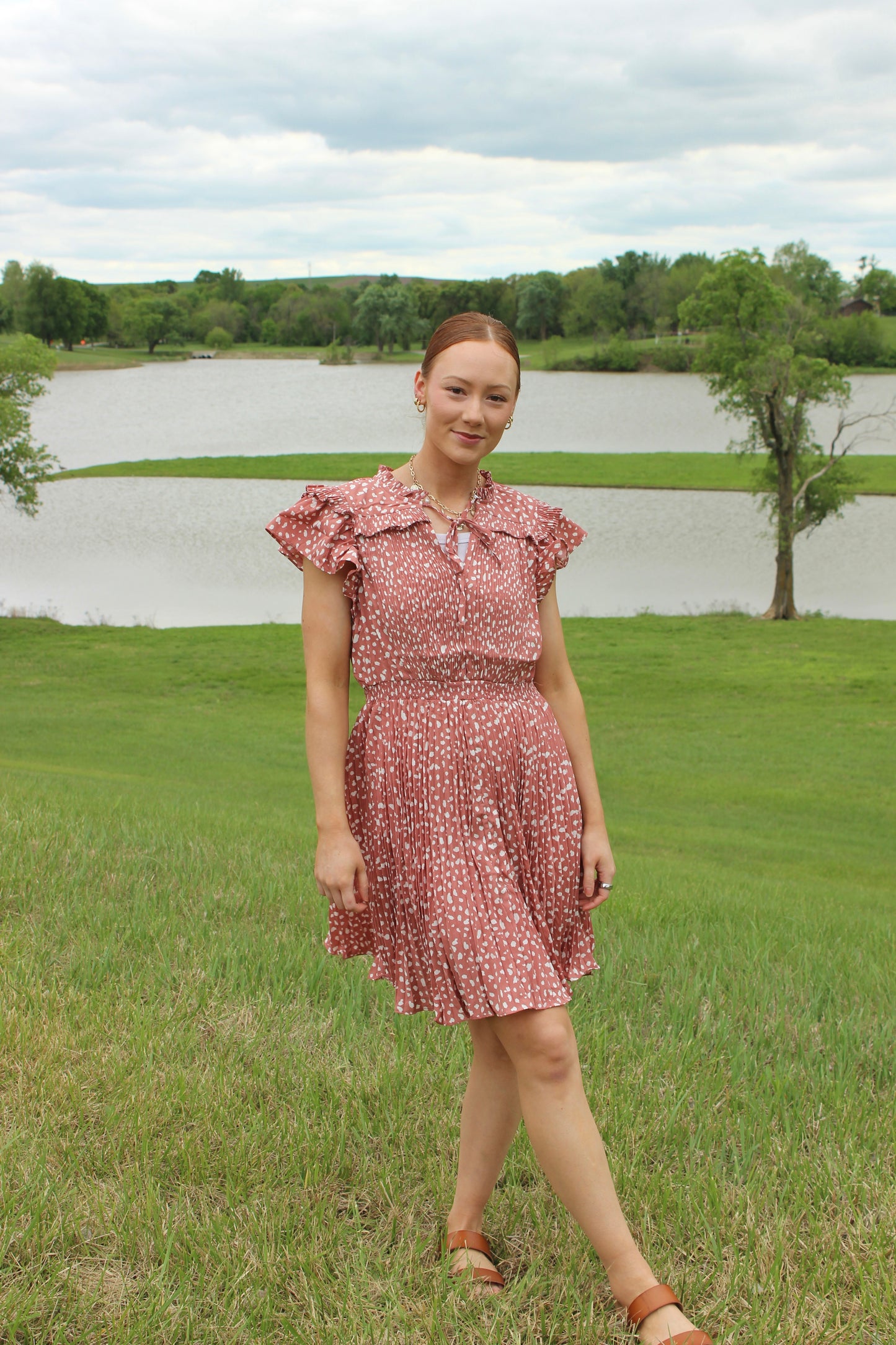 Pleated Rose Cream Dress Flutter Sleeve | Queen Bee Boutique