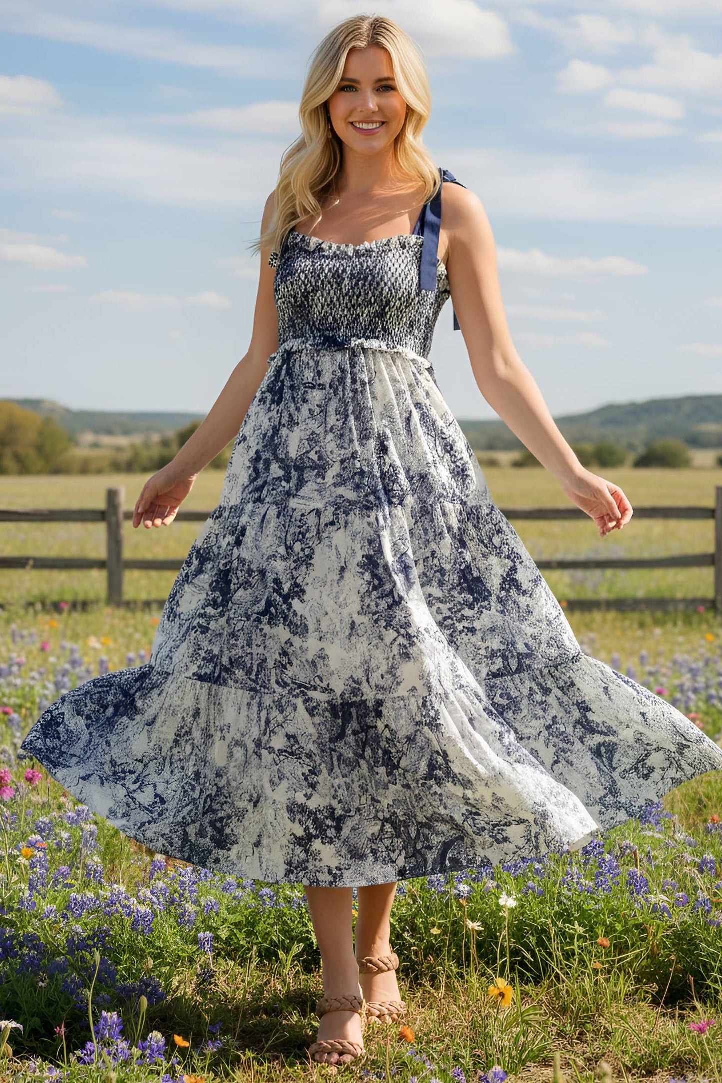 Blue White Pattered Midi Dress Tie Shoulders