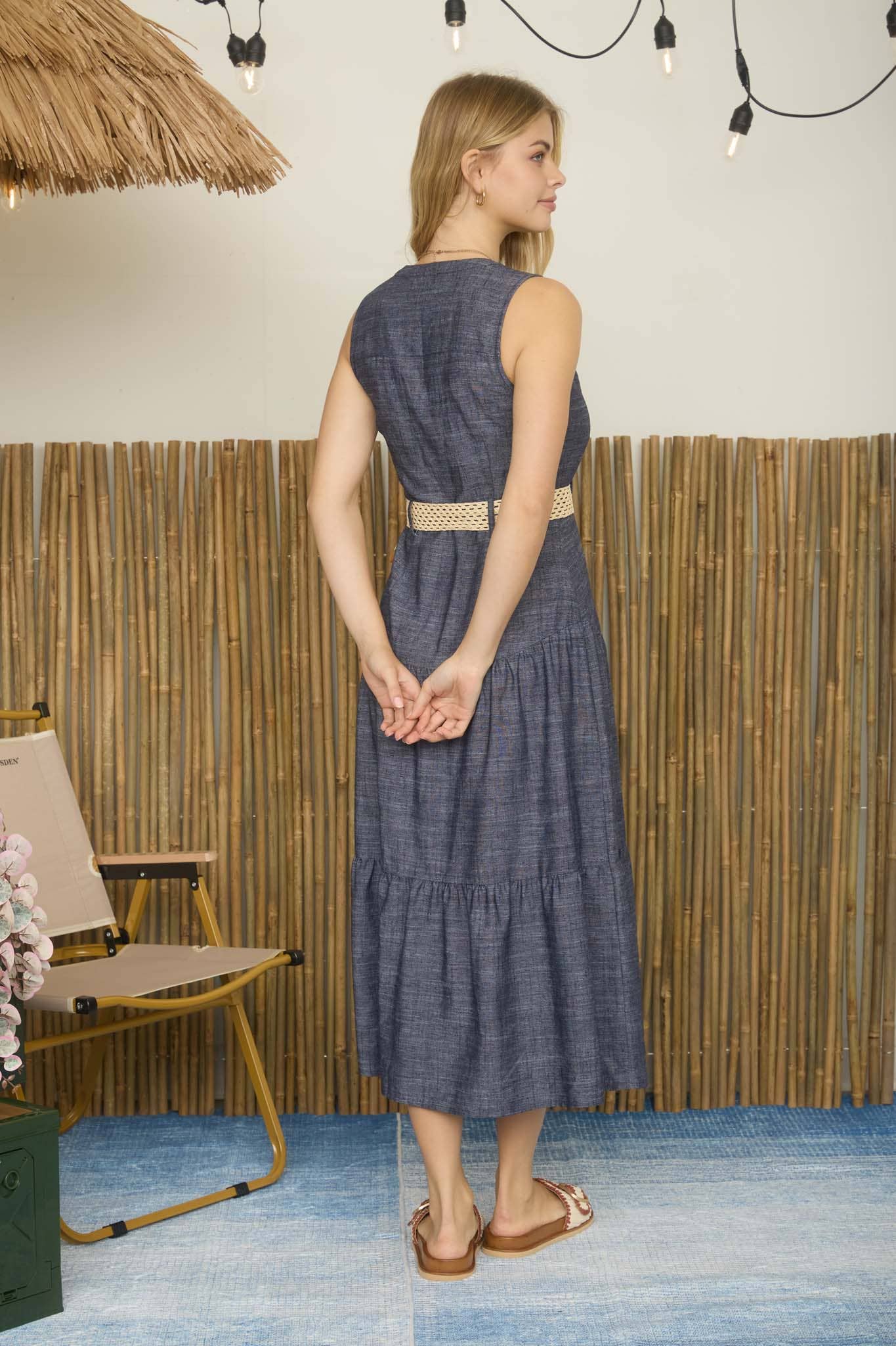 BUTTON DOWN BELTED SLEEVELESS TIERED MIDI DRESS | Queen Bee Boutique