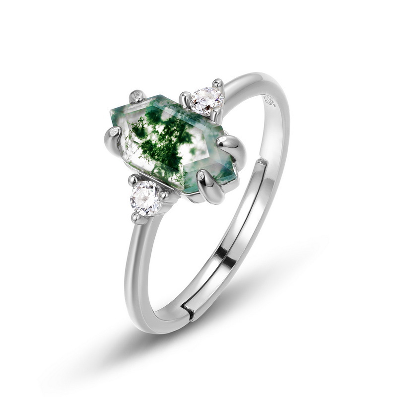 Hexagon Cut Moss Agate Cocktail Ring in 925 Sterling Silver